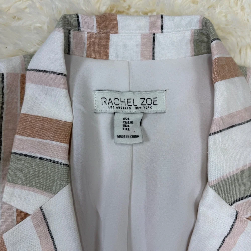 Rachel Zoe Blazer Womens Large White Striped Linen Blend Single Button Jacket